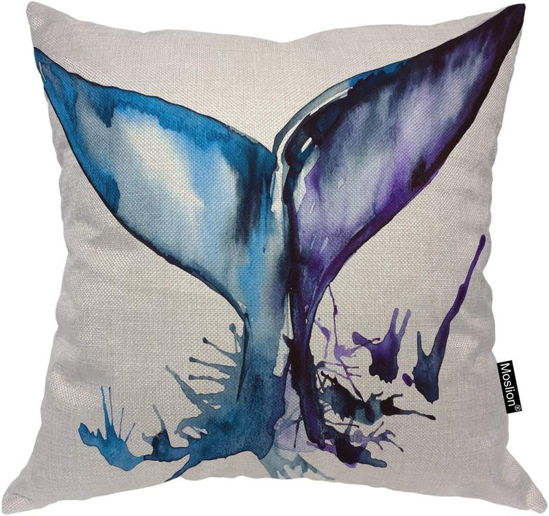 Moslion Whale 18x18 Inch Pillow Case Fish Aquatic Ocean Animal Sea Watercolor Whale Tail Wave Decorative Throw Pillow Cover Square Cushion Cotton Linen Canvas for Women Men Blue Purple - Image 1